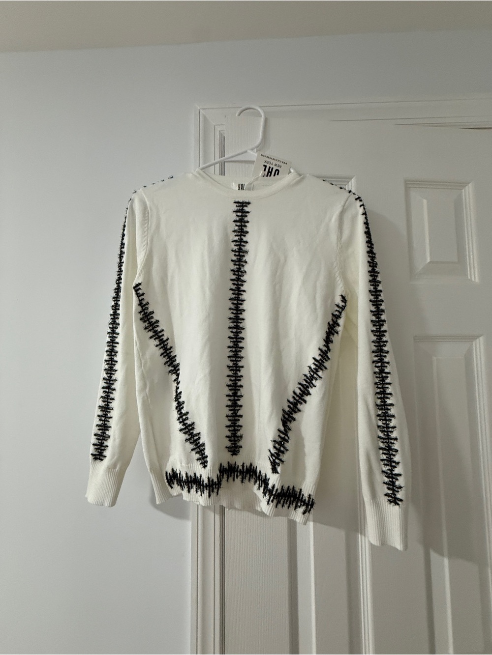 Women's Cream Crewneck Sweater with Black Stitch Detail